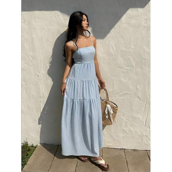Dresses & Skirts - Sunnyshic Peach Textured Fabric Drawstring Pleated Camisole Loose Flattering Vac